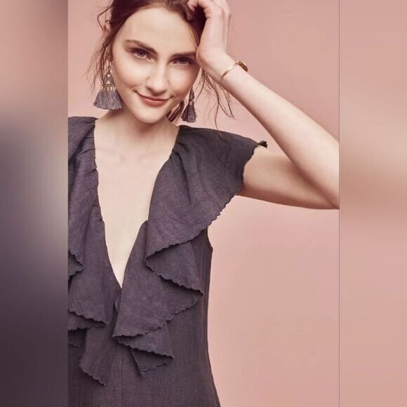 Anthro Maria Stanley Gray Ruffled Neckline Cascada Wide Leg Cropped Jumpsuit S - Picture 2 of 8